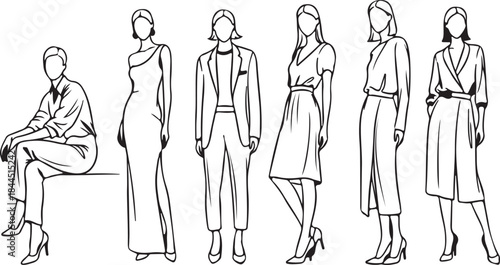 Diverse collection of fashionable women in various poses and attire sketches