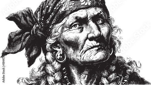 Portrait of a woman, showcasing intricate hair and accessories. Black and white vector illustration emphasizes detail and historical significance.