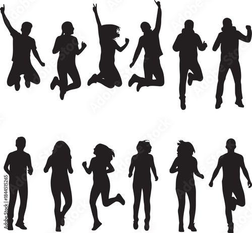 Diverse silhouettes of energetic people jumping, running, and celebrating vibrant movement