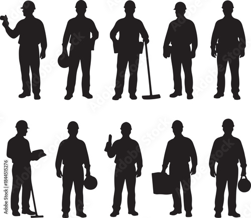 Silhouettes of skilled male workers in hard hats showcasing various trades and tools