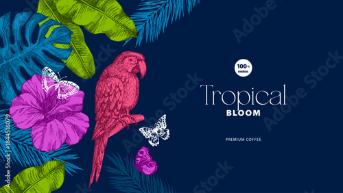 Vintage tropical background with exotic vibe. Parrot, tropical leaves, hibiscus, butterflies. Coffee, restaurant, food packaging, event decor concept. Hand drawn sketch vector illustration.