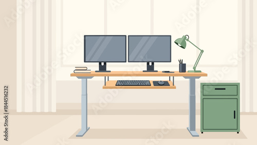 Modern home office desk with dual monitors and green lamp in minimalist style