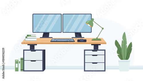 Modern home office workspace with dual monitors and green plant