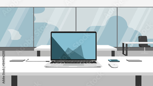 Modern workspace with laptop in minimalist flat design office interior