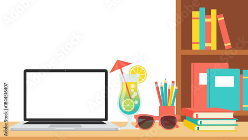 Home office desk with laptop and summer drink in flat design