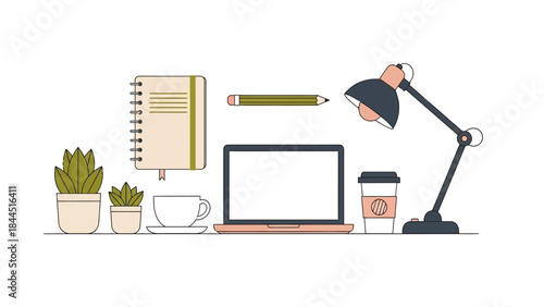 Cozy home office setup with laptop, lamp, and coffee cup in minimalist style