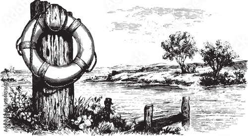 Lifebuoy ring attached to a wooden pole by the water. Black and white vector illustration of a tranquil landscape with trees and river.