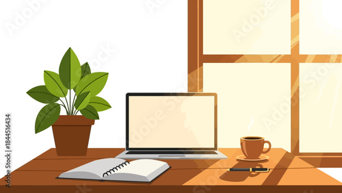 Cozy workspace with laptop, coffee, and notebook by a sunny window