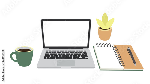 Minimalist workspace with laptop, coffee, notebook, and plant