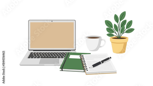 Home workspace with laptop, coffee, notebook, and potted plant