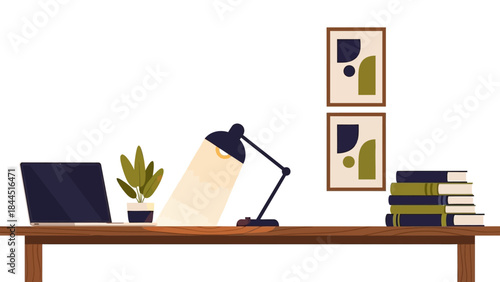 Modern workspace with lamp and books in a minimalist style