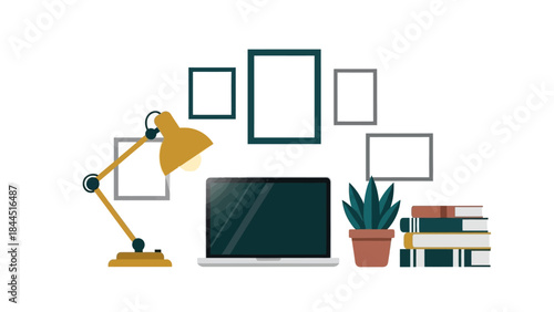 Cozy workspace with lamp, laptop, books, and plant in flat design