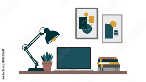 Modern workspace: minimalist desk with laptop, lamp, and artwork in flat design
