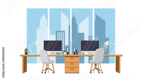Modern office workspace with dual desks and city skyline view in minimalist design