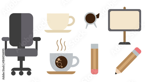 Minimalist office workspace elements: coffee, chair, and stationery icons