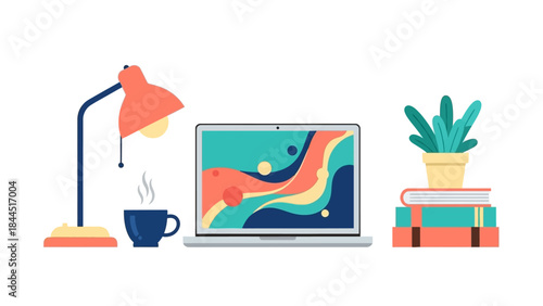 Modern workspace with lamp, laptop, coffee, and plant in vibrant flat style