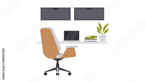Modern home office workspace with desk, chair, laptop, and plant