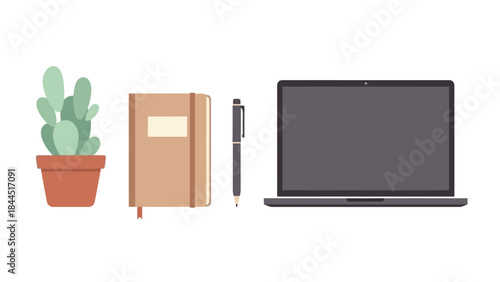 Minimalist workspace with laptop, notebook, plant, and pen
