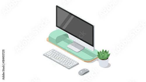 Modern isometric workspace with computer, keyboard, mouse, and plant on white background