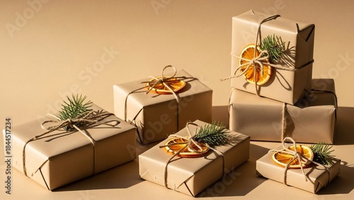 Minimal eco friendly Christmas gift boxes flat lay with kraft paper, twine, dried orange and copy space

