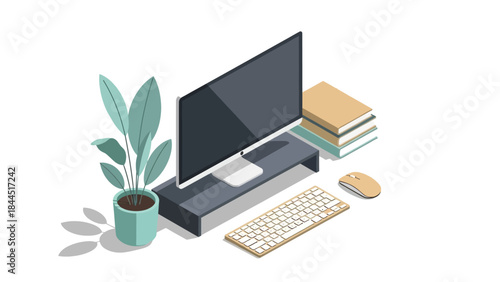 Isometric office desk with computer and minimalist decor