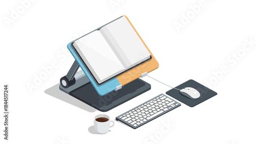 Isometric office workspace with keyboard, mouse, and book holder