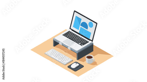 Isometric workspace with laptop, keyboard, and coffee cup on desk