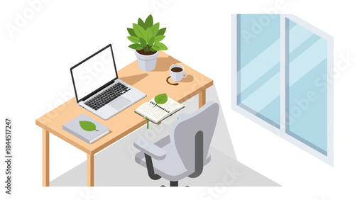 Isometric office desk with laptop and greenery for a modern home workspace design
