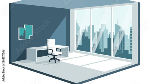 Modern office interior with panoramic city view and minimalist design