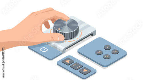 Hand adjusting control knob on modern device with buttons in isometric style