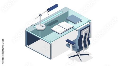 Modern office workspace with glass desk and ergonomic chair
