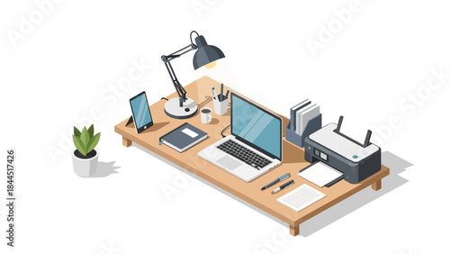 Modern workspace with laptop, printer, and office supplies in isometric style