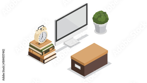 Modern workspace isometric design with computer, books, and desk accessories
