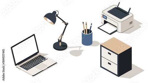Modern workspace in isometric style with laptop, lamp, and office supplies
