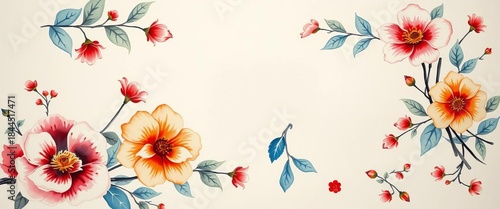 Elegant watercolor paints & brushes on traditional Japanese paper, floral motifs,  paper,  oriental