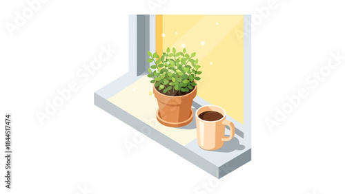 Cozy morning scene: coffee and plant on sunny window sill in isometric design