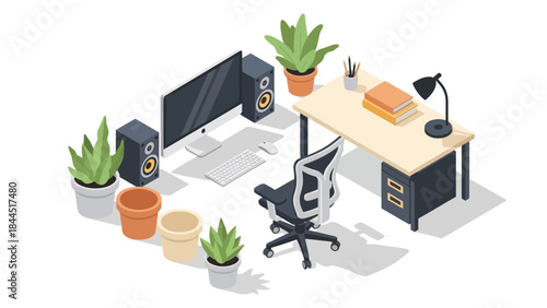 Modern home office workspace with isometric furniture and plants in minimalist design