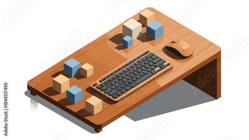 Isometric wooden desk with keyboard, mouse, and colorful cubes