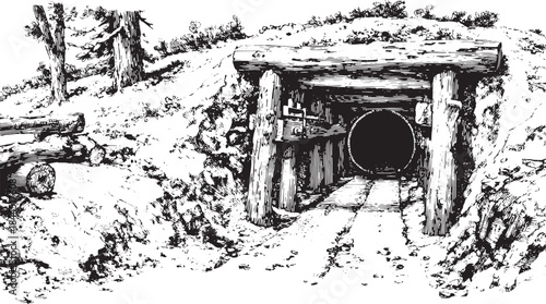 Tunnel entrance in a vintage sketch style. Detailed vector illustration featuring wooden elements and rocky surroundings.