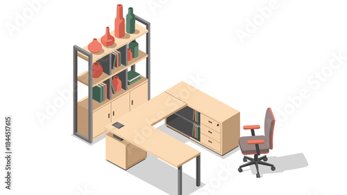 Modern isometric office furniture set with desk, chair, and bookshelf