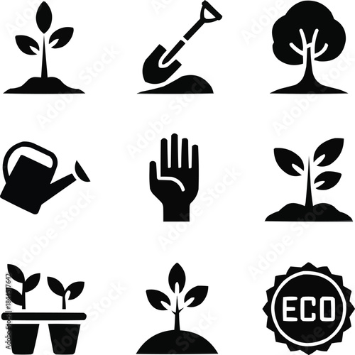 Tree Planting Solid Icon Set  Sapling, Shovel, and Reforestation Symbols