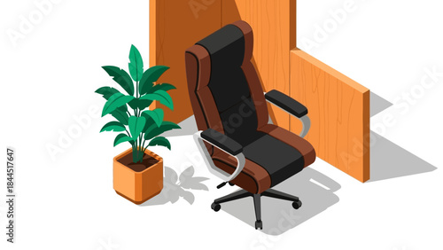 Modern office chair in an isometric room with a potted plant and wooden partitions