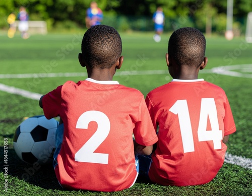 Two young Black boys in red soccer jerseys with numbers 2 and 14 sitting on a green field with a soccer ball.