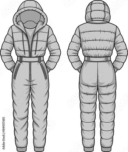 Front and Back View of a Padded Snowsuit with Hood Flat Fashion Sketch Keywords: snowsuit, ski suit, winter clothing, outerwear