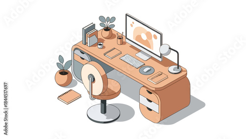 Isometric home office desk setup with computer and modern minimalist aesthetic
