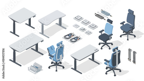 Modern office furniture set with adjustable desks and ergonomic chairs