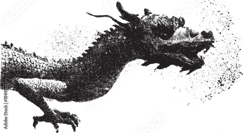 Mythical dragon in a unique black and white vector illustration. Detailed drawing showcasing fantasy elements in a dynamic style.