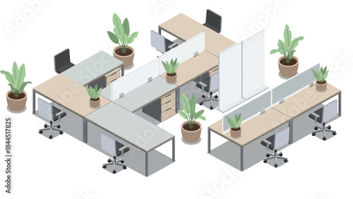 Modern isometric office workspace with green plants and desks