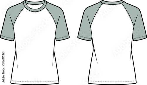 Front and back view of a white and grey raglan t-shirt fashion flat short sleeve clothing