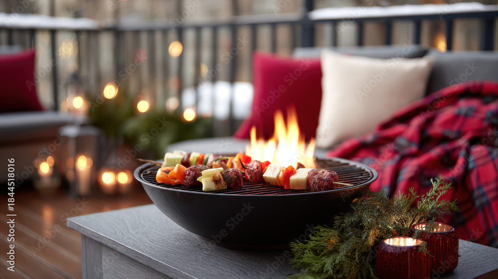 Obraz premium Outdoor round fire pit with skewers and cozy winter setting featuring a plaid blanket and candlelight ambiance for relaxing or entertaining on a patio or deck.